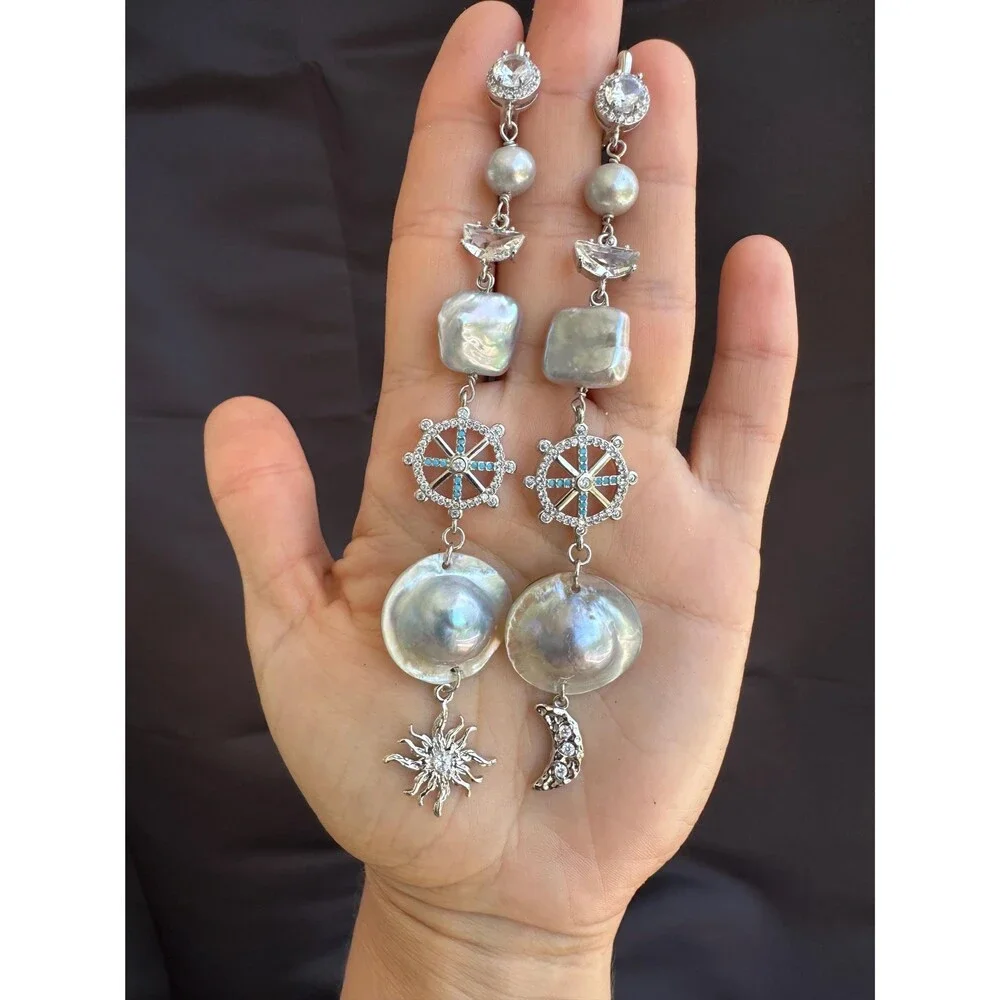 Extra Long Mabe Pearl Statement Earrings, Sea Gray Square & Round Pearls, Crysta